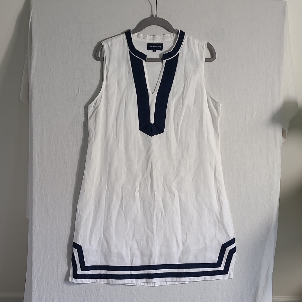 French Curve White Linen Tunic Dress with Navy Accents Nautical Size Large